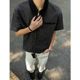 New Stylish Men's Shirt Short Sleeve Lapel Patchwork Collar Male Zipper Shirts Washed Summer Men Clothing Loose Fit