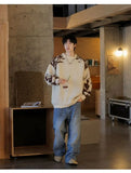Korean street style men and women trendy personality contrasting color round neck sweater couple winter loose casual knitted top