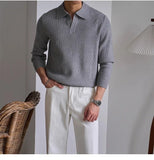 Men's American Retro Polo Sweater Luxury Trendy Business V Neck Knit Solid Color Pullover Leisure Slim-fit Long Sleeve Knitwear