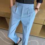 Men's Fashion High Waist Suit Pants England Style Slim Fit Long Toursers Male Quality Daily Work Casual Bottoms Wear Adjustable
