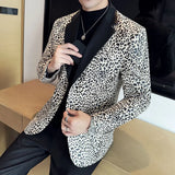 Fashion Leopard Print Blazer Jacket Men Spliced leather Collar Back Slit Party Dresses Clothing Slim Fit Suit Coat Male
