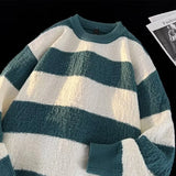 Striped Sweaters Men Fashion Loose Casual Autumn Winter Round Neck Panelled Couple Japanese Style Unisex Streetwear Knitting