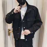 KPOP Fashion Style Harajuku Slim Fit Ropa Hombre Loose Casual All Match Outerwear Solid Button Zipper Pockets Long Sleeve Jacket