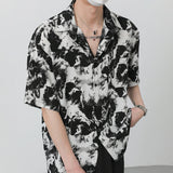 Summer Top Korean Loose High-grade Drape Ice Silk Shirt Men Short Sleeve Trendy Ink Print Non-ironing Hawaiian Shirts for Men