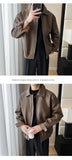 New Autumn Men's Casual Textured PU Leather Jacket High Street Zip-up Turn-down Collar Solid Color Long Sleeve Retro Coats M-3XL