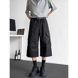 Summer Casual Pants Men Retro Pocket Wide Leg Pants Men Japanese Streetwear Hip-hop Loose Cargo Pants Man Cropped Trousers