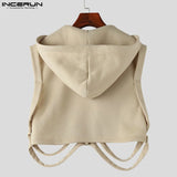 Fashion Casual Style Tops New Men's Funny Bone Deconstruction Design Vests Personality Solid Hooded Waistcoat S-5XL