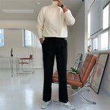 New Korean Fashion Men Sweater Light Luxury Trendy Turtleneck Knit Solid Color Pullover Leisure Retro Long Sleeve Basic Knitwear