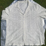 Men's Short-Sleeve Hollow-Out Lace Shirt Single Breasted Lapel Perspective  Shirt Top