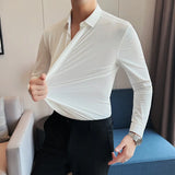 High Elastic Men Shirts Long Sleeve New Anti-wrinkle Soft Solid Color Casual Slim Fit Formal Dress Camisas Top Men Clothing