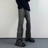 Men Daily Popular Bell Bottom Jeans Male Chic Black Gray Lines Design Denim Pants Baggy Vintage Wash Straight Leg Denim Trousers