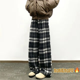 Winter Vintage Fleece Plaid Wide Leg Pants Men's Woolen Casual Thick Warm Pants Men Women Loose Straight Mopping Trousers