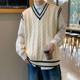 American Fashion Retro V-neck College Style Knitwear Vest Autumn Winter Fried Dough Twists Color Contrast Lovers Sleeveless Vest