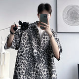Brown/Gray Leopard Printed Shirt Men Loose Breathable Men's Shirts Summer Male Shirt High Street Casual Short Sleeve Tops