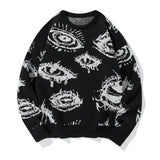 New American Trendy Men Sweater High Street Dark Eyes Printed Knit O Neck Long Sleeve Pullover Casual Loose High Street Knitwear