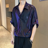 Men Shiny Design Casual Shirt Trendy Handsome Shirts Fashion Loose Half Sleeve Tops Korean Style Personality Clothing
