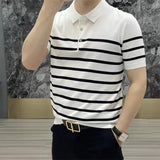 Summer Men's Clothing Light Luxury Button-down Knit Polo Shirt Popular Lapel Striped Short Sleeve Leisure Fashion Knitwear