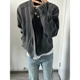 Punk Gray Denim Jacket Men's American Retro Heavy Industry Coat Metal Design Stand Collar Old Washed Short Spliced Street Jacket