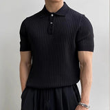 Casual Mens Knitted Polo Shirts Spring Summer Fashion Ribbed Solid Color Knit Tops Men Leisure Short Sleeve Knitting Jumper