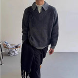 New American Chic Polo Neck Men Sweater Light Luxury Fake Two Piece Knit Pullover Trendy High Quality Long Sleeve Knitwear M-2XL