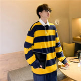 Spring Autumn Men's Long Sleeve Polo Shirt Loose Fit Stylish Brand Lapel Polo Top Versatile Stripe Patterned Men's Wear