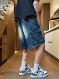 Summer Men's Cargo Denim Shorts Baggy Straight Fashion Casual Wide Leg Short Pants Big Pocket Beach Vacation Short Jeans Male