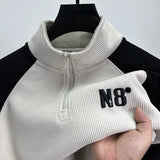 High-end Half-high Neck Zipper Sweatshirt Men's Velvet Thickened Trendy Color-blocking Raglan Sleeves Youth Long-sleeved T-shirt