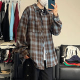 5XL Long Sleeved Shirt Men Oversized Retro Plaid Shirt Men Japanese Streetwear Loose Casual Shirt Mens Vintage Shirts Plus Size