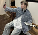 Denim Jackets Men Chic All-match Patchwork Raw Edge Stylish Hipster Males Overcoats High Street Hip Hop Long Sleeve Autumn Daily