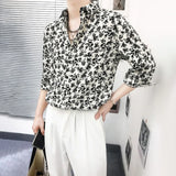 Mens Y2k Casual Floral Print Shirt Summer Harajuku Daily Versatile Temperament Personality Three-Quarter Sleeve Mens Top
