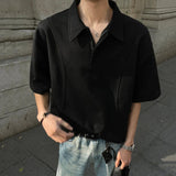 New Fashion Male T-shirt Short Sleeve Turn-down Collar Zipper Top Casual Solid Color Men Clothing Summer Trend