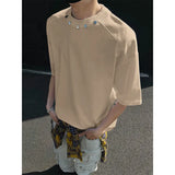 Summer New Metal Button Men's T Shirt High Quality Cotton Short Sleeve Tops Breathable Round Neck Loose Black White Tee