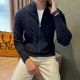 Autumn Retro Men's Zipper Cardigan Jacket Trending Jacquard Solid Color Long Sleeve Sweater Coats Premium Quality Knit Outerwear