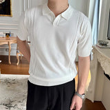 Casual Mens Short Sleeve Slim Polo Shirt Summer Fashion Solid Color Lapel Knit Polos Men Shirts Vintage Knitting Pullovers