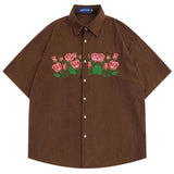 Corduroy Shirt Harajuku Embroidery Floral Short Sleeve Shirts Men Women Summer Fashoin Casual Short Sleeve Shirt Brown Blue
