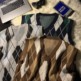 Men Sweater Vests Plaid Autumn Winter Retro Loose Couples Sleeveless Knitted Tops Chic V-neck Korean Style Soft Ins Casual Male