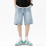 Men Casual Denim Shorts Male Comfortable Elastic Waist Straight Leg New Soft Short Pants Light Blue Loose Baggy Wide Leg Jeans