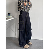 Harajuku Vintage Dark Blue Cargo Pants Jeans men Multi-pockets Male Loose Straight Denim Pants Four Seasons Trousers Streetwear