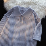 T-shirts for Men Hollow Out Summer Turn-down Collar Short Sleeve Solid Lightweight Korean Style Button Knitted Commuting Casual
