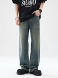Autumn New Baggy Straight Jeans Men Full Length Washed Distressed Denim Pants High Street Korean Streetwear Male Trousers Black