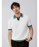 New Japanese Trendy Men Polo Shirt Light Luxury Slim-fit V Neck T-shirt Leisure Patchwork Short Sleeve Tops Retro Knitwear M-3XL