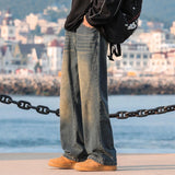 Men Straight Leg Jeans Washed Vintage Retro Patchwork Design Denim Pants Streetwear Classic Comfort Fit Distressed Style