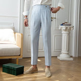 Men's Luxury Naples Slim-fit Thin Blue Striped Dress Pants Solid Color British Retro Premium Elegant Leisure High Waist Trousers