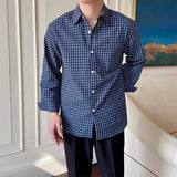 New American Retro Men Shirts Light Luxury Textured Lapel Plaid Long Sleeve Cardigan Leisure Trendy Premium Check Blouse M-2XL