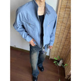 Punk Spliced Jacket High-end Blue Short Work Cargo Coat Men's Handsome Trendy Solid Color Zipper Jacket All-match Top