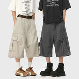 Summer Cotton Casual Pants Men Pocket Cargo Pants Men Japanese Streetwear Hip-hop Loose Wide Leg Pants Mens Calf-Length Pants