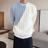 Men's Sweater Color Contrast Round Neck Half High Collar Screw Thread Fashion Solid Slim Casual Knitted Long Sleeve Tops