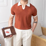 New Trend Men Business Polo Shirt Light Luxury Popular Slim V Neck T-shirt Leisure Patchwork Short Sleeve Tops Retro Knitwear