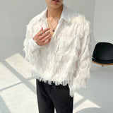 Summer Men Black White Streetwear Hip Hop Shirt Men Tassels Party Night Club Men Shirts Male Long Sleeves Hollow Out Blouse