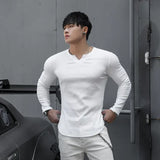 Tops Slim Fit T Shirts for Men Black Running Male Clothes Gym Tight V Neck Oversize Big Size Elasticity Korean Luxury Casual New